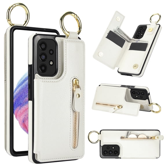 Cutyskin for Samsung Galaxy A53 5G Wallet Case【RFID Blocking】 with Card Holder Cash Pocket Zipper Bills Slot, Soft PU Leather Magnetic Back Folio Kickstand, Finger Ring Holder Hook Case, White