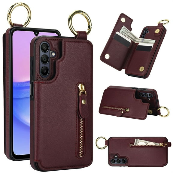 Cutyskin for Samsung Galaxy A55 Wallet Case【RFID Blocking】 with Card Holder Cash Pocket Zipper Bills Slot, Soft PU Leather Magnetic Back Folio Kickstand, Finger Ring Holder Hook Case, Jujube Red