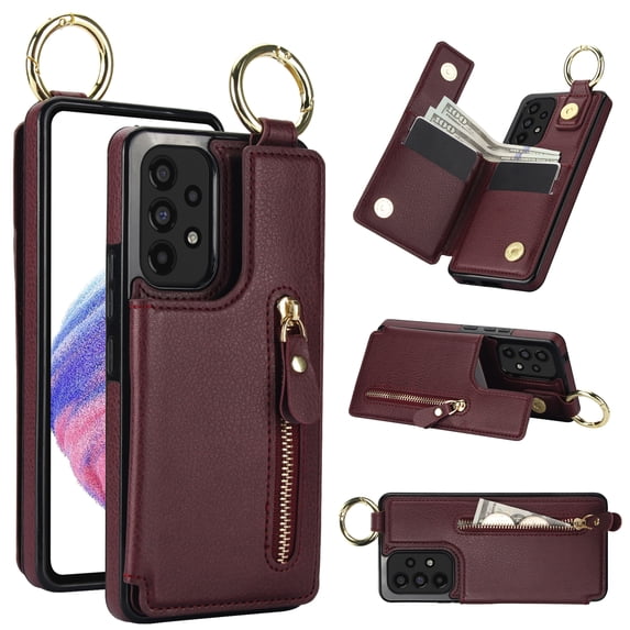 Cutyskin for Samsung Galaxy A73 5G Wallet Case【RFID Blocking】 with Card Holder Cash Pocket Zipper Bills Slot, Soft PU Leather Magnetic Back Folio Kickstand, Finger Ring Holder Hook Case, Jujube Red