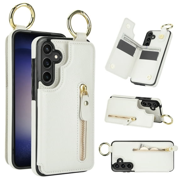 Cutyskin for Samsung Galaxy S21 FE Wallet Case【RFID Blocking】 with Card Holder Cash Pocket Zipper Bills Slot, Soft PU Leather Magnetic Back Folio Kickstand, Finger Ring Holder Hook Case, White