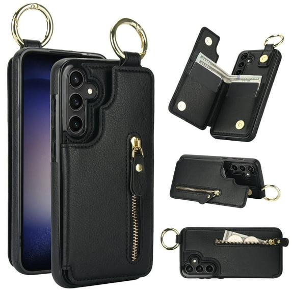Cutyskin for Samsung Galaxy S21 Plus Wallet Case【RFID Blocking】 with Card Holder Cash Pocket Zipper Bills Slot, Soft PU Leather Magnetic Back Folio Kickstand, Finger Ring Holder Hook Case, Black