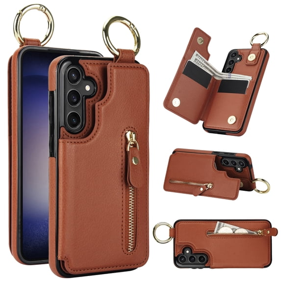 Cutyskin for Samsung Galaxy S22 Plus Wallet Case【RFID Blocking】 with Card Holder Cash Pocket Zipper Bills Slot, Soft PU Leather Magnetic Back Folio Kickstand, Finger Ring Holder Hook Case, Brown