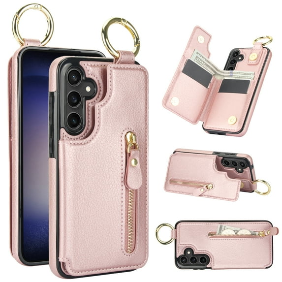 Cutyskin for Samsung Galaxy S22 Plus Wallet Case【RFID Blocking】 with Card Holder Cash Pocket Zipper Bills Slot, Soft PU Leather Magnetic Back Folio Kickstand, Finger Ring Holder Hook Case, Rosegold