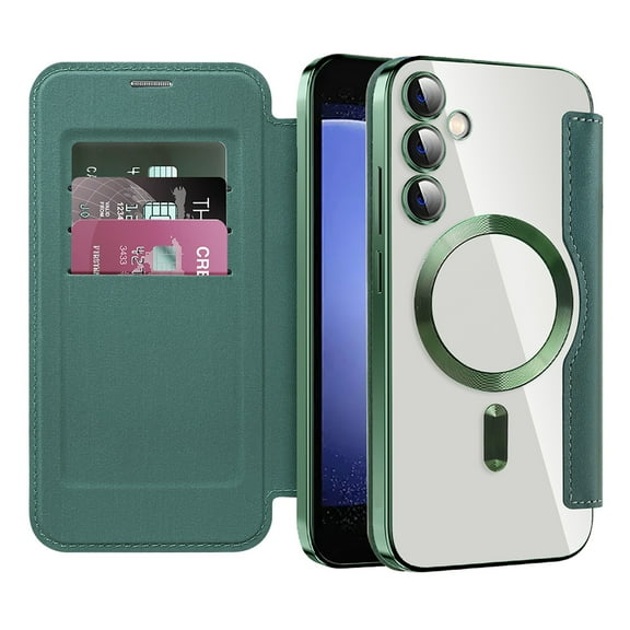 Cutyskin for Samsung Galaxy S23 FE Flip Wallet Case, Built-in Camera Lens Protector [Compatible with MagSafe] Plating Transparent Business PU Leather RFID Blocking Card Slots Phone Case,Darkgreen