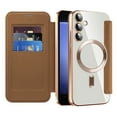 thumbnail image 1 of Cutyskin for Samsung Galaxy S24 Flip Wallet Case, Built-in Camera Lens Protector [Compatible with MagSafe] Plating Transparent Business PU Leather RFID Blocking Credit Card Slots Phone Case,Brown, 1 of 8