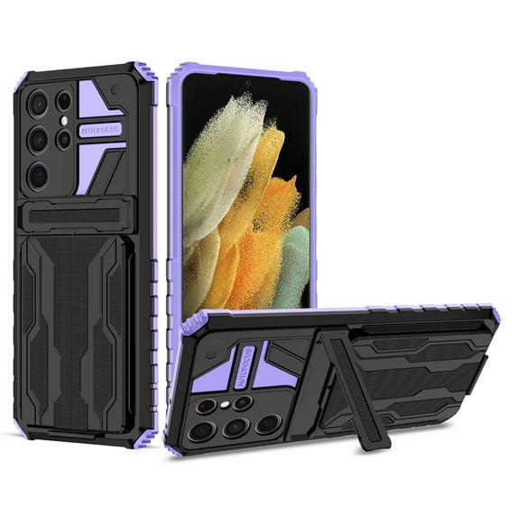 Cutyskin Samsung Glaxy S22 Ultra Armor Case with Hidden Card Holder Detachable Wallet Cover, Built-in Kickstand, Camera Lens Protection, Tough Rugged Shockproof Phone Case, Purple