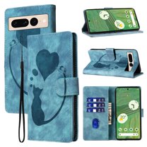 Cutyskin Wallet Case Designed for Google Pixel 7 Pro | Cat Love Heart Embossed PU Leather TPU Inner Shockproof Phone Case with Strap | Card Holders Kickstand Magnetic Clasp Flip Case | Blue