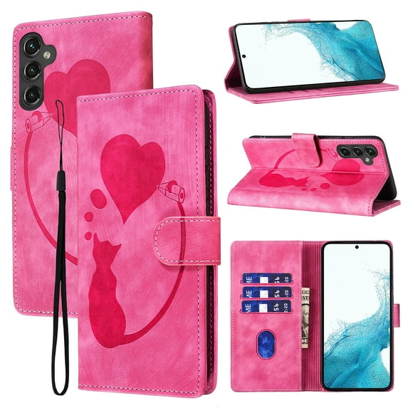 Cutyskin Wallet Case Designed for Samsung Galaxy S24 | Cat Love Heart Embossed PU Leather TPU Inner Shockproof Phone Case with Strap | Card Holders Kickstand Magnetic Clasp Flip Case | Rose