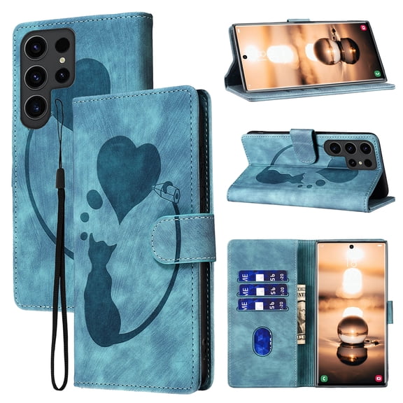 Cutyskin Wallet Case Designed for Samsung Galaxy S24 Ultra | Cat Love Heart Embossed PU Leather TPU Inner Shockproof Phone Case with Strap | Card Holders Kickstand Magnetic Clasp Flip Case | Blue