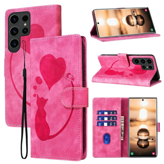 Cutyskin Wallet Case Designed for Samsung Galaxy S24 Ultra | Cat Love Heart Embossed PU Leather TPU Inner Shockproof Phone Case with Strap | Card Holders Kickstand Magnetic Clasp Flip Case | Rose