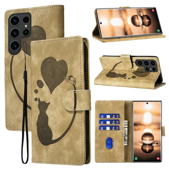 Cutyskin Wallet Case Designed for Samsung Galaxy S24 Ultra | Cat Love Heart Embossed PU Leather TPU Inner Shockproof Phone Case with Strap | Card Holders Kickstand Magnetic Clasp Flip Case | Beige