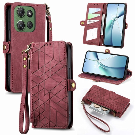 Cutyskin Wallet Case for Moto G 5G (2025), Zipper Purse Folio Leather Wallet with RFID Blocking Card Holder Wrist Strap Magnetic Clasp Shockproof Full Body Case for Moto G 5G (2025),Red