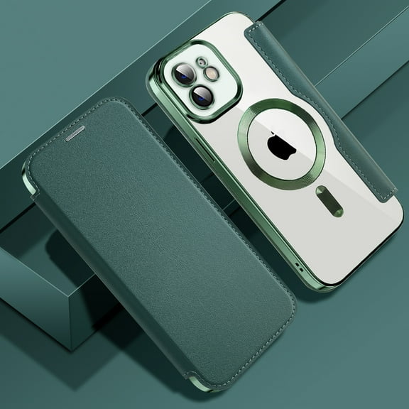 Cutyskin for iPhone 12 Flip Wallet Case, Built-in Camera Lens Protector [Compatible with MagSafe] Plating Transparent Business PU Leather RFID Blocking Credit Card Slots Phone Case,Darkgreen