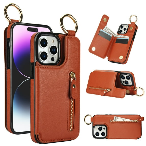 Cutyskin for iPhone 12 Pro Max Wallet Case【RFID Blocking】 with Card Holder Cash Pocket Zipper Bills Slot, Soft PU Leather Magnetic Back Folio Kickstand, Finger Ring Holder Hook Phone Case, Brown