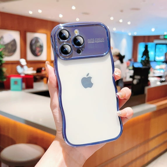 Cutyskin for iPhone 13 Pro Max Case for Girl Women, Cute Curly Wave Frame with Luxury Plating, Soft TPU Electroplated Edge Shockproof Full Camera Lens Film Potection Transparent Phone Case, Blue