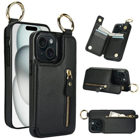 Cutyskin for iPhone 13 Wallet Case【RFID Blocking】 with Card Holder Cash Pocket Zipper Bills Slot, Soft PU Leather Magnetic Back Folio Kickstand, Finger Ring Holder Hook Phone Case, Black