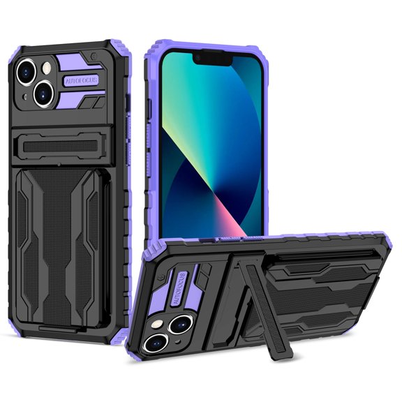 Cutyskin iPhone 14 Plus Armor Case with Hidden Card Holder Detachable Wallet Cover, Built-in Kickstand, Camera Lens Protection, Tough Rugged Shockproof Phone Case for iPhone 14 Plus, Purple
