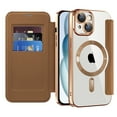 thumbnail image 1 of Cutyskin for iPhone 14 Plus Flip Wallet Case, Built-in Camera Lens Protector [Compatible with MagSafe] Plating Transparent Business PU Leather RFID Blocking Credit Card Slots Phone Case,Brown, 1 of 7