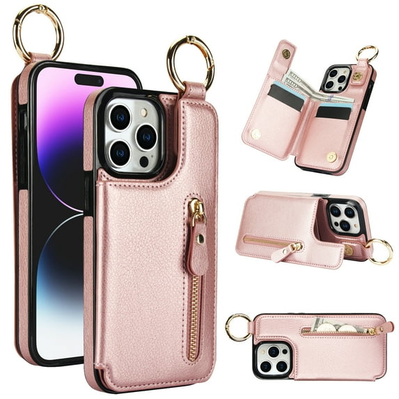 Cutyskin for iPhone 14 Pro Wallet Case【RFID Blocking】 with Card Holder Cash Pocket Zipper Bills Slot, Soft PU Leather Magnetic Back Folio Kickstand, Finger Ring Holder Hook Phone Case, Rosegold