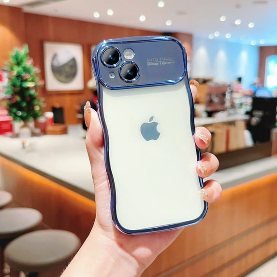 Cutyskin for iPhone 15 Case for Girl Women, Cute Curly Wave Frame with Luxury Plating, Soft TPU Electroplated Edge Shockproof Full Camera Lens Film Potection Transparent Phone Case, Blue
