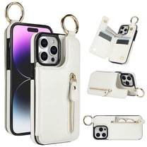 Cutyskin for iPhone 15 Pro Wallet Case【RFID Blocking】 with Card Holder Cash Pocket Zipper Bills Slot, Soft PU Leather Magnetic Back Folio Kickstand, Finger Ring Holder Hook Phone Case, White