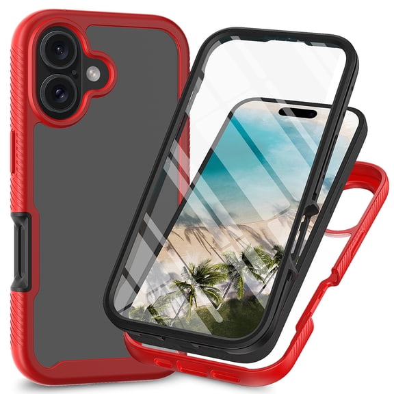 Cutyskin for iPhone 16 Case, with Built in Screen Protector Heavy Duty Drop Protection, 2 in 1 Full Body Rugged Shockproof Dust Proof Dual Layer Tough Protective Phone Cover, Red
