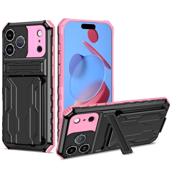 Cutyskin iPhone 17 Pro Armor Case with Hidden Card Holder Detachable Wallet Cover, Built-in Kickstand, Camera Lens Protection, Tough Rugged Shockproof Phone Case,Pink