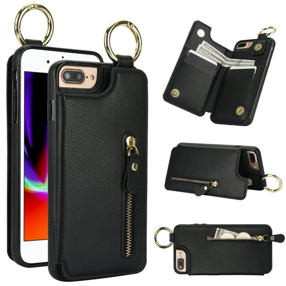 Cutyskin for iPhone 8 Plus / 7 Plus Wallet Case【RFID Blocking】 with Card Holder Cash Pocket Zipper Bills Slot, Soft PU Leather Magnetic Back Folio Kickstand, Finger Ring Holder Hook Case, Black