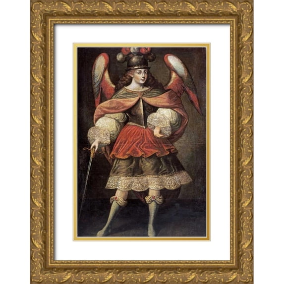 Cuzco School 18x24 Gold Ornate Wood Framed with Double Matting Museum Art Print Titled - Archangel Miguel