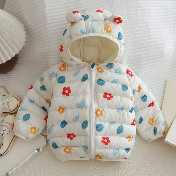 Cuzibr Boys Coats Lovely Cartoon Panda Flower Print Hooded Snow Jacket Padded Down Long Sleeve Zip Up Soft Comfortable Kids Outwear,White,12-24 Months