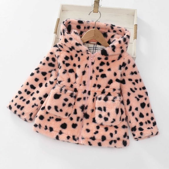 Cuzibr Boys Coats Plush Thermal Leopard Hooded Windproof Coat Full Zipper Up High Waist Fuzzy Thicken Warm Jackets With Pockets Snow Outwear,Pink,6-7 Years