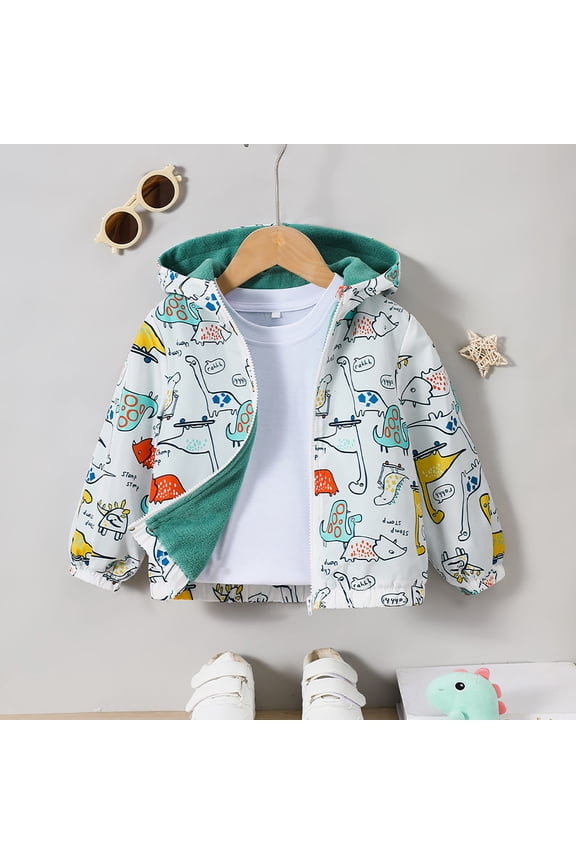 Boys Jacket Soft Plush Lined Hooded Jacket Cartton Dinosaur Print Zipper Up Long Sleeve Windproof Warm Snow Outwear,White,2-3 Years