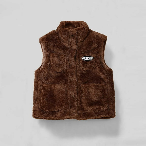 Cuzibr Boys Winter Jacket Fuzzy Thermal Sleeveless Vest Coat Solid Color Stand Collar Zipper Thick Plush Lined Windproof Waistcoat With Pockets Winter Outwear,Coffee,3-4 Years