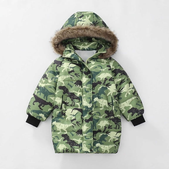 Cuzibr Girls Coats And Jacket Plush Hooded Camouflage Dinosaur Print Jackets Thicken Lined Padded Windproof Zipper Mid-Length Snowwear Winter Coat,Camouflage,7-8 Years