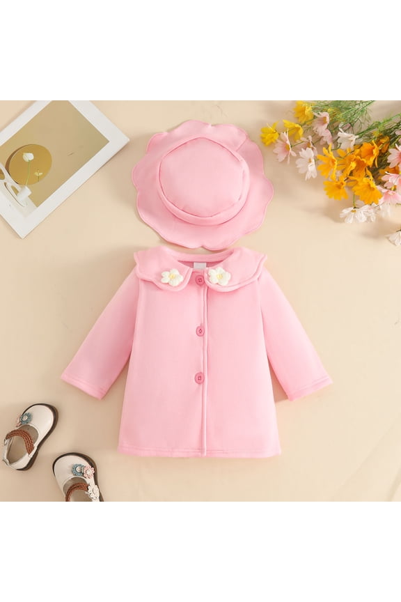 Girls Jacket Solid Color Floral Graphic Peter Pan Collar Long Overcoat Long Sleeve A-Line Button Down Jacket With Stylish Hat Outfits Winter Clothes,Pink,6-9 Months