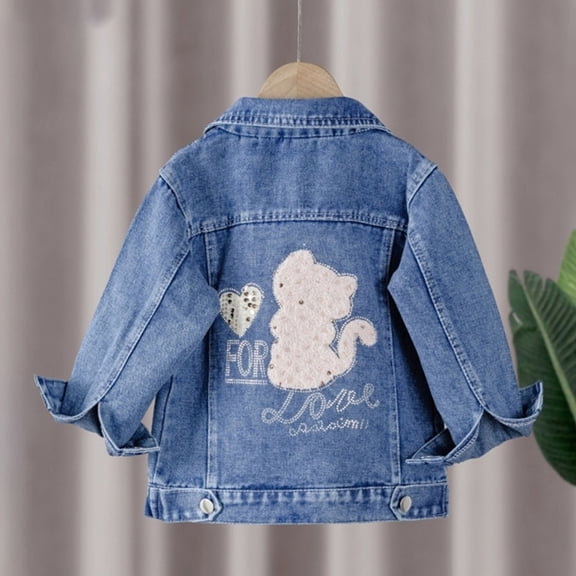 Cuzibr Girls Jacket Stylish Bow Letter Embroidery Denim Jackets Classic Solid Color Long Sleeve Button Down Jean Coats Casual Trendy Kids Outwear,Dark Blue3,7-8 Years