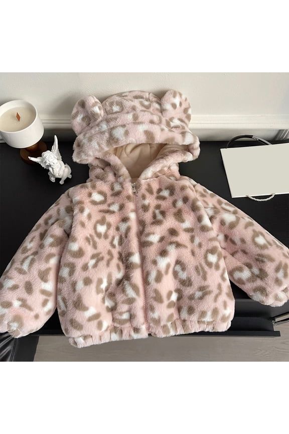 Girls Puffer Jacket Fuzzy Plush Lined Cute Hooded Leopard Jacket Zipper Up Cozy Relaxed Loose Fit Casual Warm Winter Clothes,Pink,7-8 Years