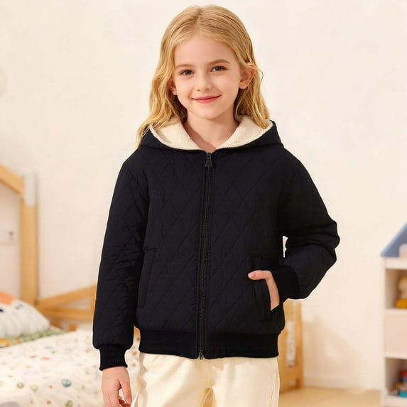 Cuzibr Girls Puffer Jacket Hoodie Solid Color Quilted Windproof Sweatshirt Casual Plaid Long Sleeve Comfy Sport Jacket Winter Outwear,Black,11-12 Years