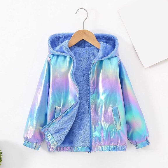 Cuzibr Girls Puffer Jacket Shiny Leather Gradient Hooded Jackets Fuzzy Thermal Lined Long Sleeve Windbreaker Winter Snow Coats,Blue,6-7 Years