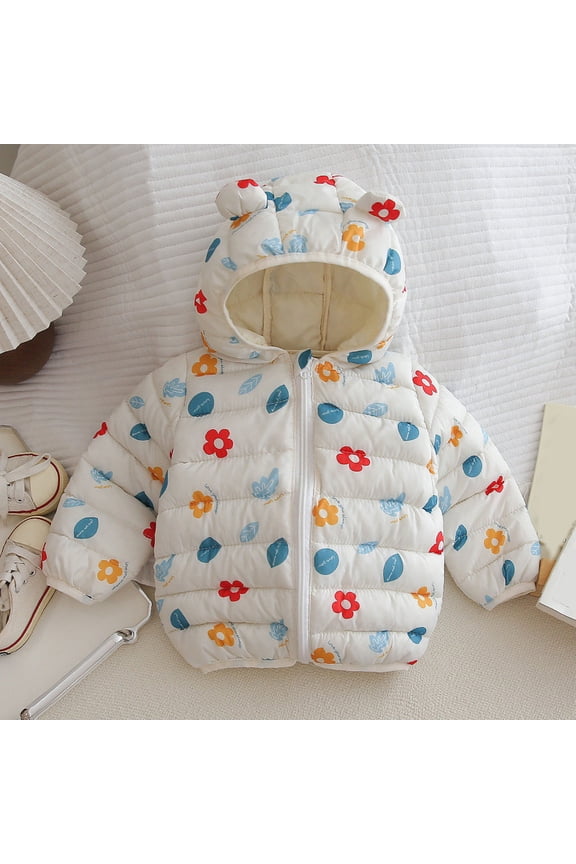 Girls Winter Coats Lovely Cartoon Panda Flower Print Hooded Snow Jacket Padded Down Long Sleeve Zip Up Soft Comfortable Winter Snow Coats,White,4-5 Years