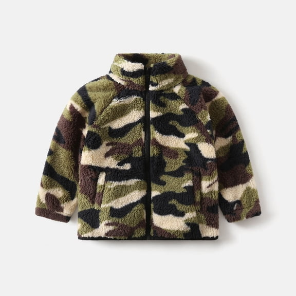 Cuzibr Girls Winter Coats Soft Cozy Plush Wool Coat Striped Camouflage Leopard Stand Collar Thermal Jacket Zipper Up Long Sleeve Kids Outwear,Dark Green,3-4 Years