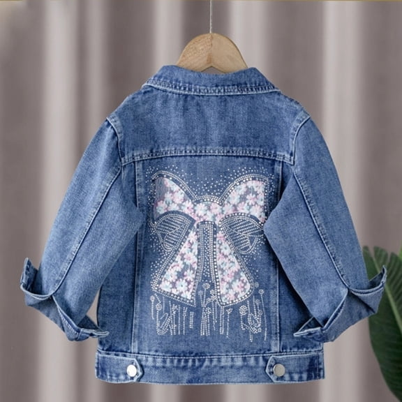Cuzibr Girls Winter Coats Stylish Bow Letter Embroidery Denim Jackets Classic Solid Color Long Sleeve Button Down Jean Coats Casual Trendy Kids Outwear,Dark Blue2,7-8 Years