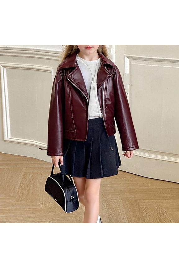 Girls Winter Coats Stylish Motorcycle Pu Leather Jacket Solid Color Zip Up Turndown Collar Long Sleeve Autumn Warm Soft Cozy Fashionable Winter Snow Coats,Rd2,2-3 Years