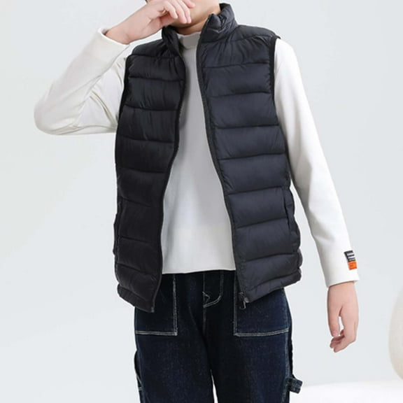 Cuzibr Girls Winter Jacket Lightweight Quilted Vest Sleeveless Jacket Stand Collar Solid Color Thick Padded Thermal Waistcoat Kids Outwear,Black,13-14 Years