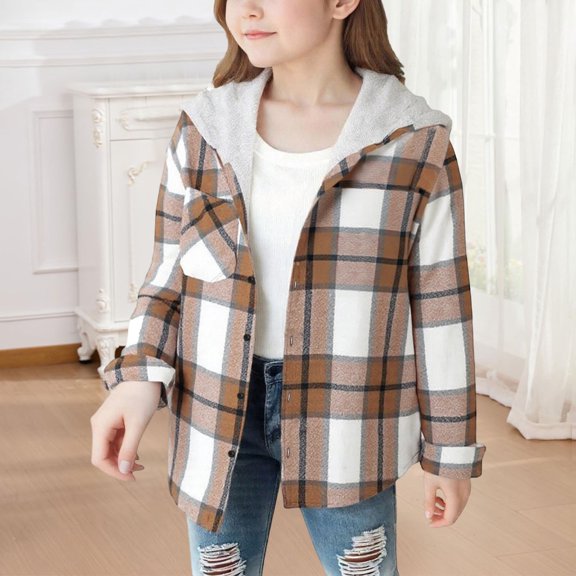 Cuzibr Kids Coats Stylish Hooded Classic Plaid Shirt Jacket Stylish Long Sleeve Button Down Front Pocket Casual Loose Fit Comfortable Winter Clothes,Brown,10-11 Years