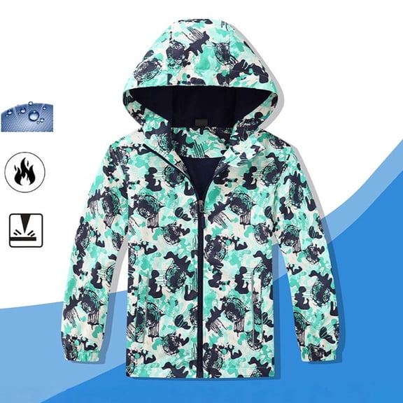 Cuzibr Kids Coats Windbreaker Camo Hooded Coat Waterproof Lightweight Hiking Camouflage Jacket Youth Autumn Dailywear Winter Outwear,Green,9-12 Years