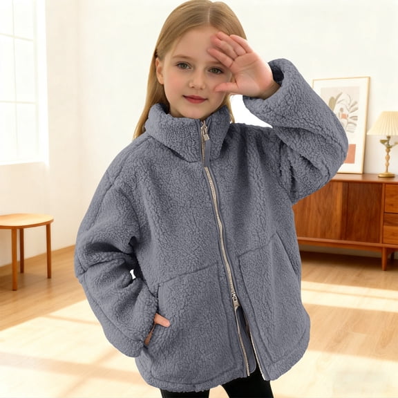 Cuzibr Kids Jacket Full Zipper Up Fuzzy Thick Warm Jacket Long Sleeve Solid Color Stand Collar Plush Wool Coat With Pockets Winter Outwear,Dark Gray,9-10 Years