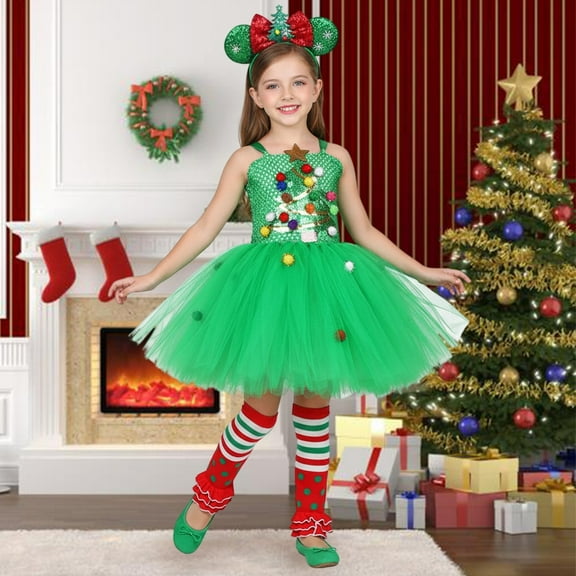 Cuzibr Toddler Christmas Dress Green Tutu Party Gown Spaghetti Strap Sleeveless Christmas Tree Sequins Pattern Tulle Dress With Socks Headband Outfits Holiday Party Dress,Green,10-12 Years