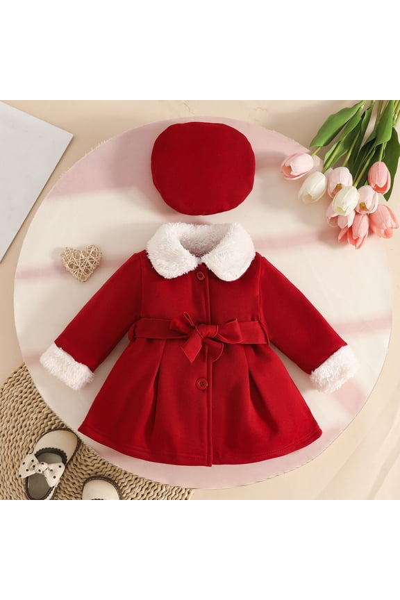 Toddler Jacket Fuzzy Thick Lined Belted Button Down Solid Color Overcoat Long Sleeve Belt A-Line Jackets With Hat Stylish Outfits Winter Coat,Red,9-12 Months