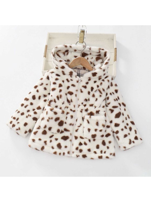 Toddler Jacket Plush Thermal Leopard Hooded Windproof Coat Full Zipper Up High Waist Fuzzy Thicken Warm Jackets With Pockets Snow Outwear,White,12-18 Months